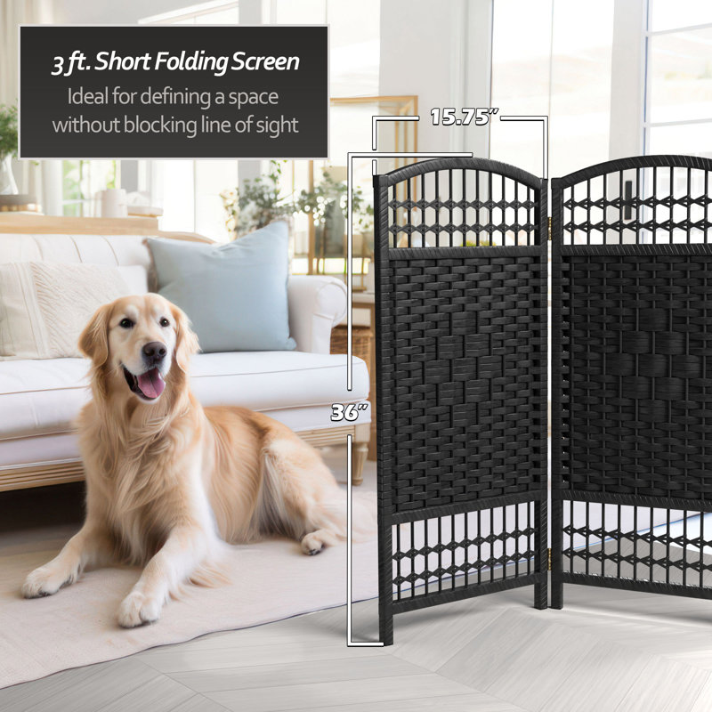 Short Fiber Weave Folding Screen, Black, 4, 23.5"H