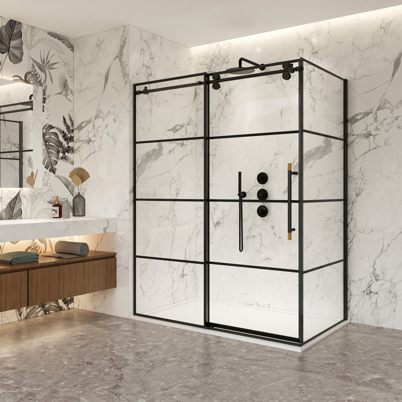 Losar 60" Matte Black Sliding Shower Enclosure with Tempered Glass