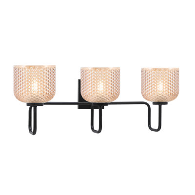 Barre d'éclairage de salle de bain 3 lumières Sandia au fini noir mat avec verre texturé ambre de 6 po