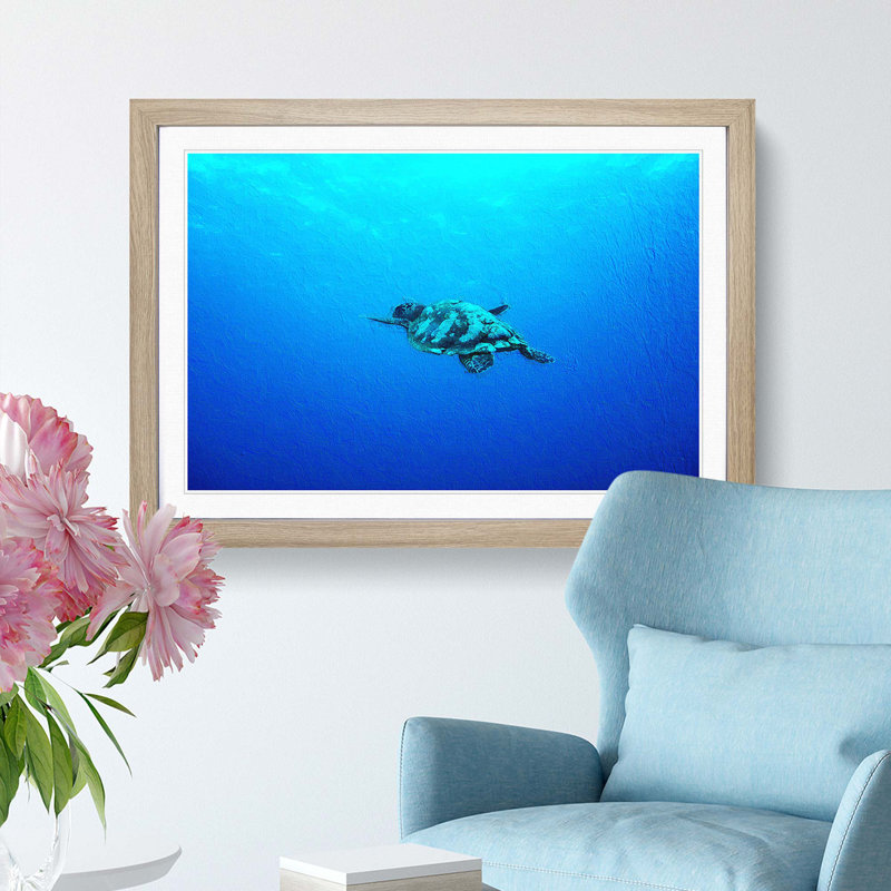 Swimming Turtle - Picture Frame Painting Print, Oak Framed, 27cm H x 36cm W x 2cm D