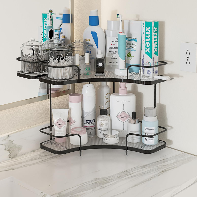 Organisateur de coin de comptoir de salle de bain à 2 niveaux, plateau de parfum de comptoir, tablette de meuble-lavabo, organisateurs de maquillage cosmétiques, noir élégant