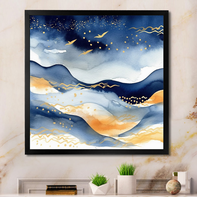 " Dark Blue And Gold Abstract IX ", 30" H x 30" W x 1" D, Black Single Picture Framed