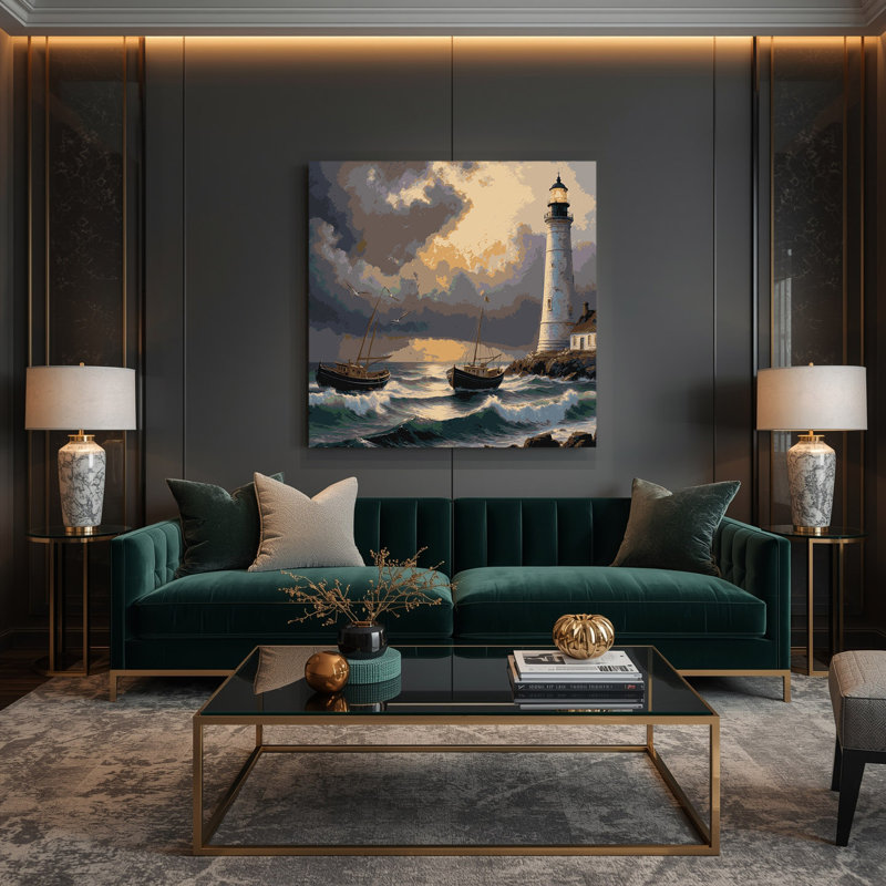 Art sur toile gris, "Phares de transport avec bateaux", H 16 po x l 16 po