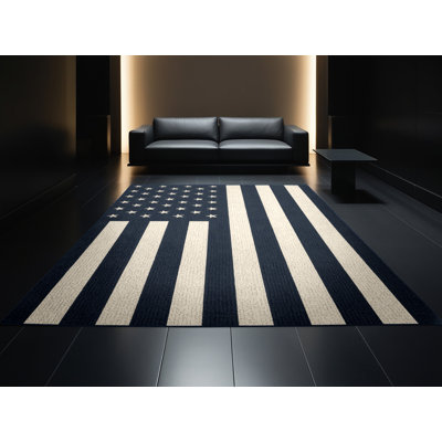 Soft Plush Fannin July 4Th Modern & Contemporary Abstract Area Rug in Grey – Navy Binding