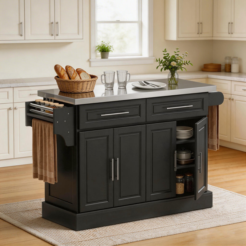 Rolling Kitchen Island With Storage, Portable Kitchen Cart With Stainless Steel Top, 2 Drawers, Spice, Knife And Towel Rack And Cabinets, Black