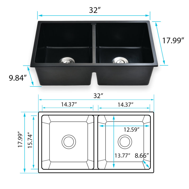 Évier de cuisine à double cuve en quartz noir L 32 po x l 18 po - Crépine à panier antirouille, antirouille et antirouille