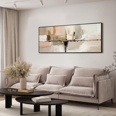 Neutral Abstract Subtle Beige and Black Brush Strokes Extra Large Framed Wall Art Print Decor (Framed Assembly Required)