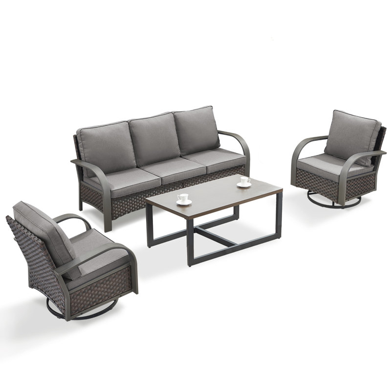 Bobra Outdoor Courtyard Handmade Rattan Conversation Set With Swivel Chairs, Gray