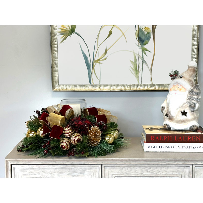 Holiday Candle Holder With Hydrangeas, Pinecones And Ribbon