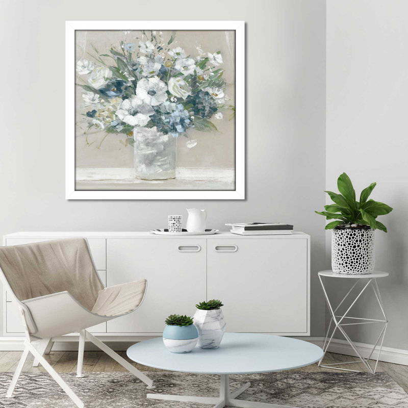 «Be Happy» par Sally Swatland - Peinture, Cadre blanc, H 31,5 po x l 31,5 po x P 1 po