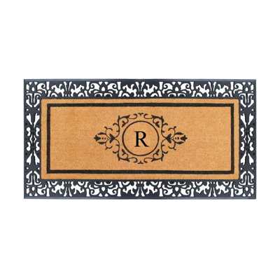 Abhijot Monogram Natural Coir & Rubber Door Mat with Paisley Border — Hand-Flocked, Heavy-Duty, Dirt-Resistant, Non-Slip Outdoor Entry Mat, 30" x 60"