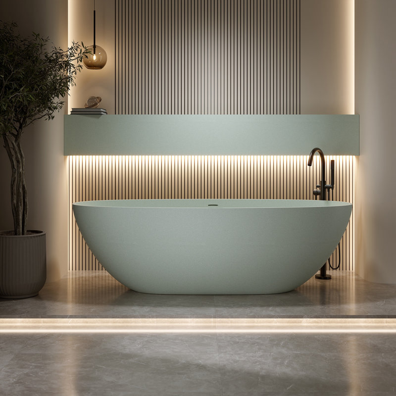 Freestanding Oval Soaking Bathtub 71", Solid Surface Stone Resin Matte White Modern W/overflow & Pop-up Drain