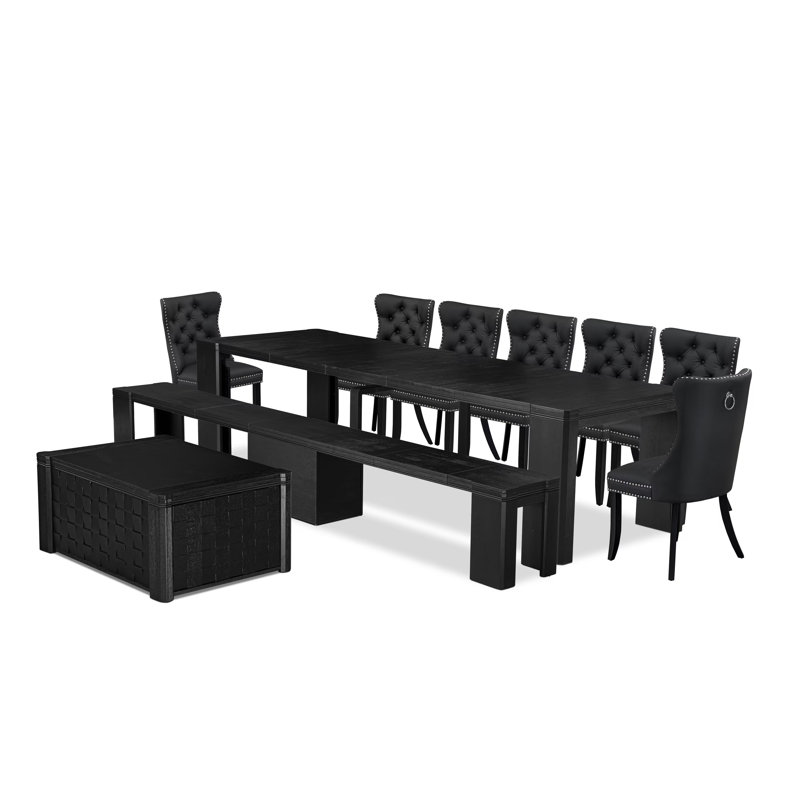 10-piece Xtenczar Dining Table Set a Rectangular Kitchen Table with a coffee Table and wooden Benches 7 Dark Grey Polyester Fabric Dinner Chair, Wire Brushed Black