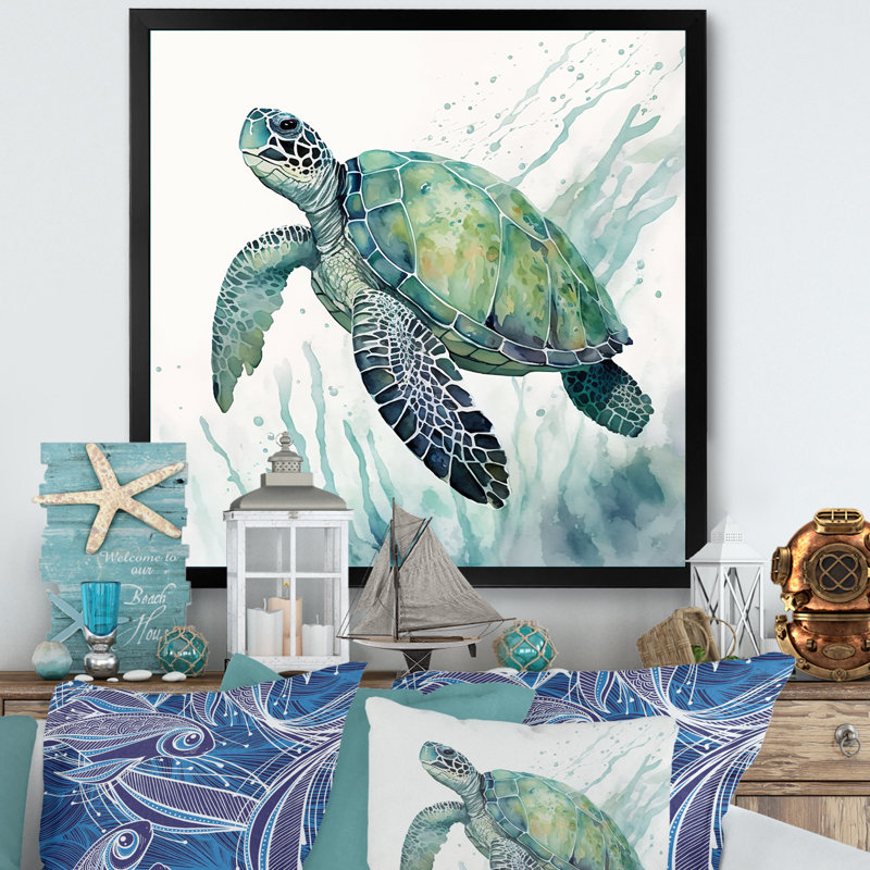 Aquarelle de tortue nageant IV - tortue, art mural, Impression noire sur toile encadrée, H 16 po x l 16 po x P 1 po