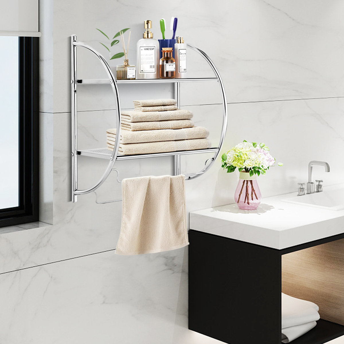 Home Basics 2 Tier Wall Mounting Chrome Plated Steel Bathroom