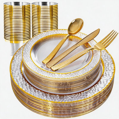 150Pcs Clear Gold Trim Disposable Tableware for Wedding & Party Celebrations