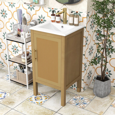 Meuble-lavabo compact autoportant avec rangement réglable, lavabo en céramique et charnières à fermeture douce