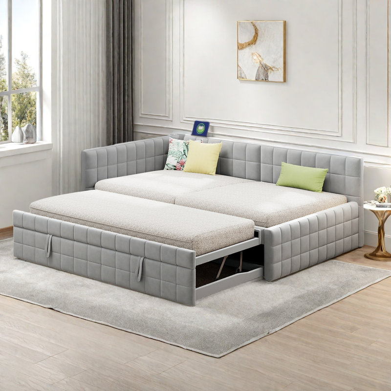 Upholstered L-shaped Daybed With Pop Up Trundle, Usb Ports And Square-block Pattern, Gray