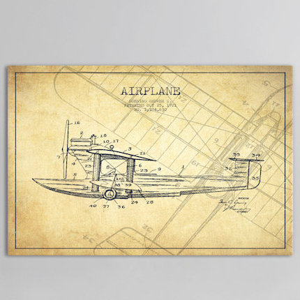 « avion rétro, plan de brevet », impression sur toile tendue, H 12 po x l 18 po x P 1,5 po