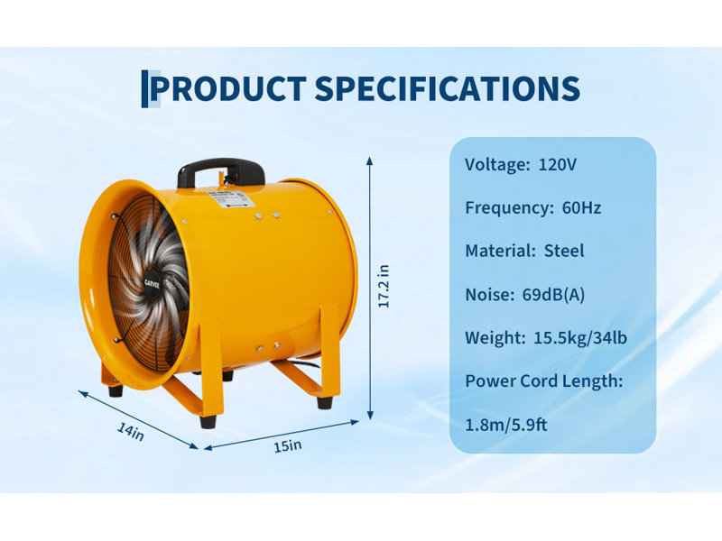 Ventilateur de 16 pouces avec ventilateur 5500 CFM ventilateur d'extérieur industriel robuste à 2 vitesses 32,8 pi conduit flexible et silencieux pour les ateliers de construction