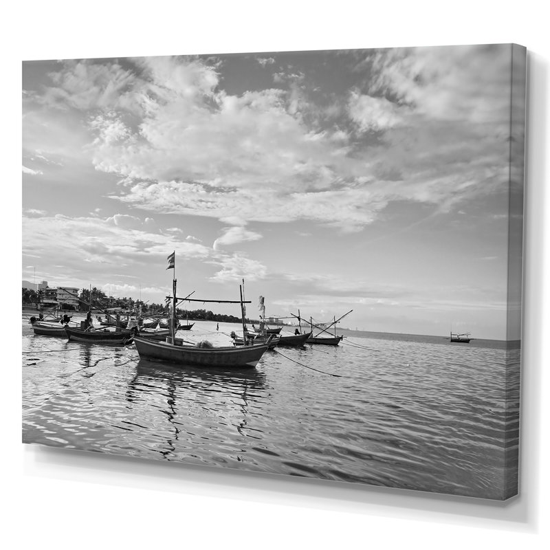 " Black And White Fisherman Scenery ", 8" H x 12" W x 1" D, Wrapped Canvas
