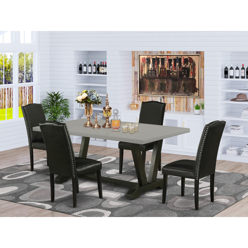 5-Pc Kitchen Dining Set – 4 Black PU Parson Chairs with a high back and Cement Dining Room Table - Wire Brushed Black Finish
