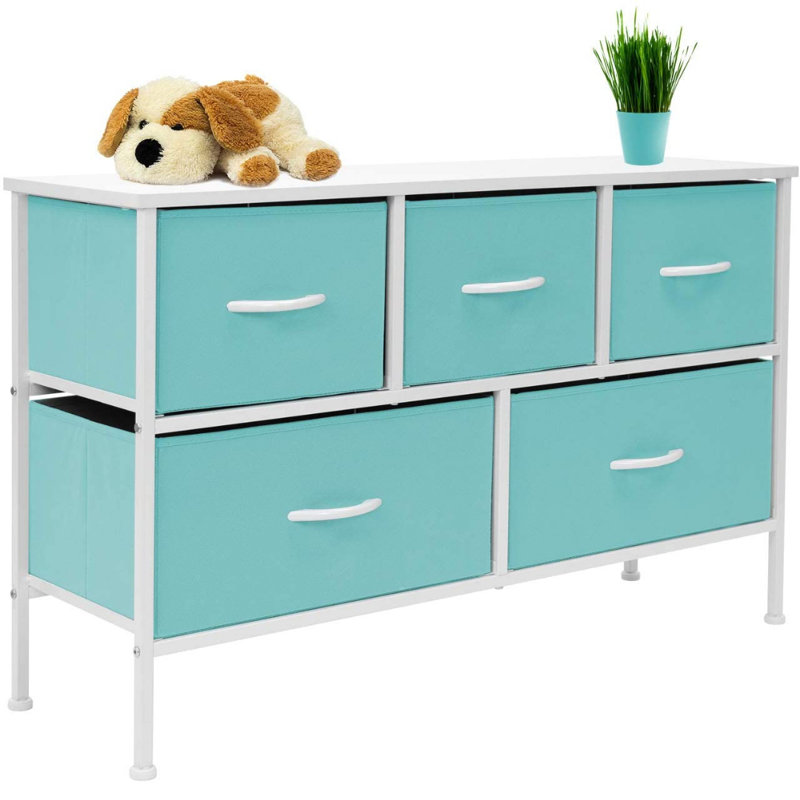  Sorbus Dresser with 5 Drawers with Steel Frame, Wood Tops, and Fabric Bins, Teal