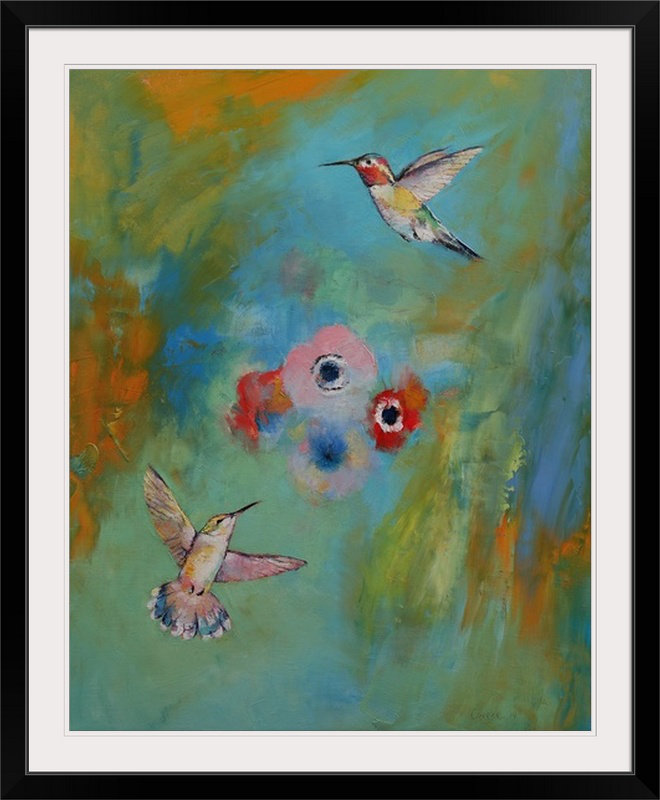 «Wireman Hummingbirds» par Michael Creese, reproduction d'art, H 28 po x l 24 po x P 1 po, Cadre noir