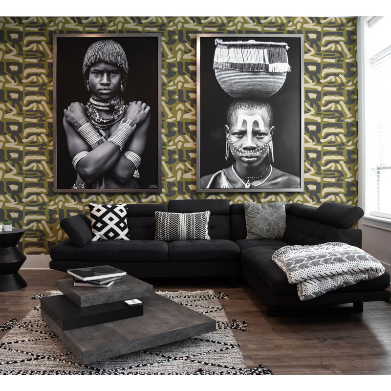 Tribal Traditions Wallpaper, Olive Charcoal, Paper, Non-Pasted