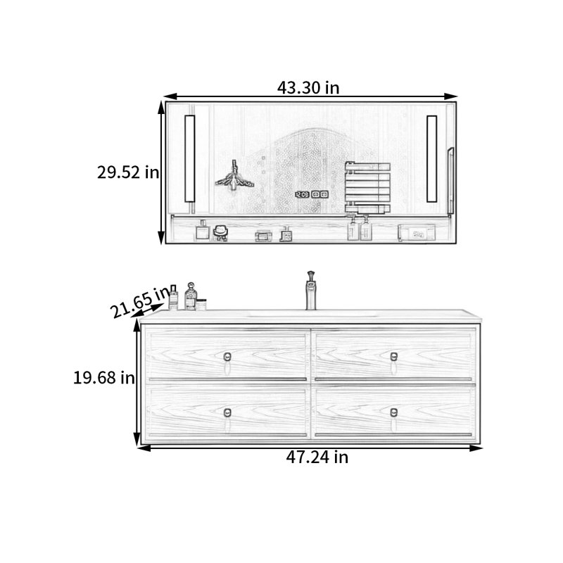 Armoire de salle de bain de style moyen-antique, H 19,68 po x l 47,24 po x P 21,65 po
