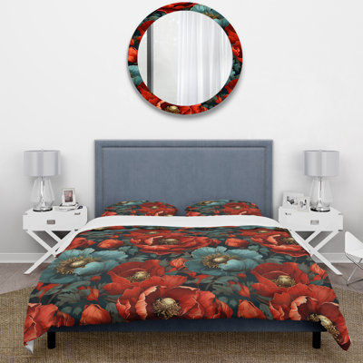 Blue And Red Poppy Flowers Pattern Duvet Cover