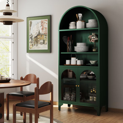 73.6" Arched Metal Storage Display Cabinet with Adjustable Shelves and Glass Doors