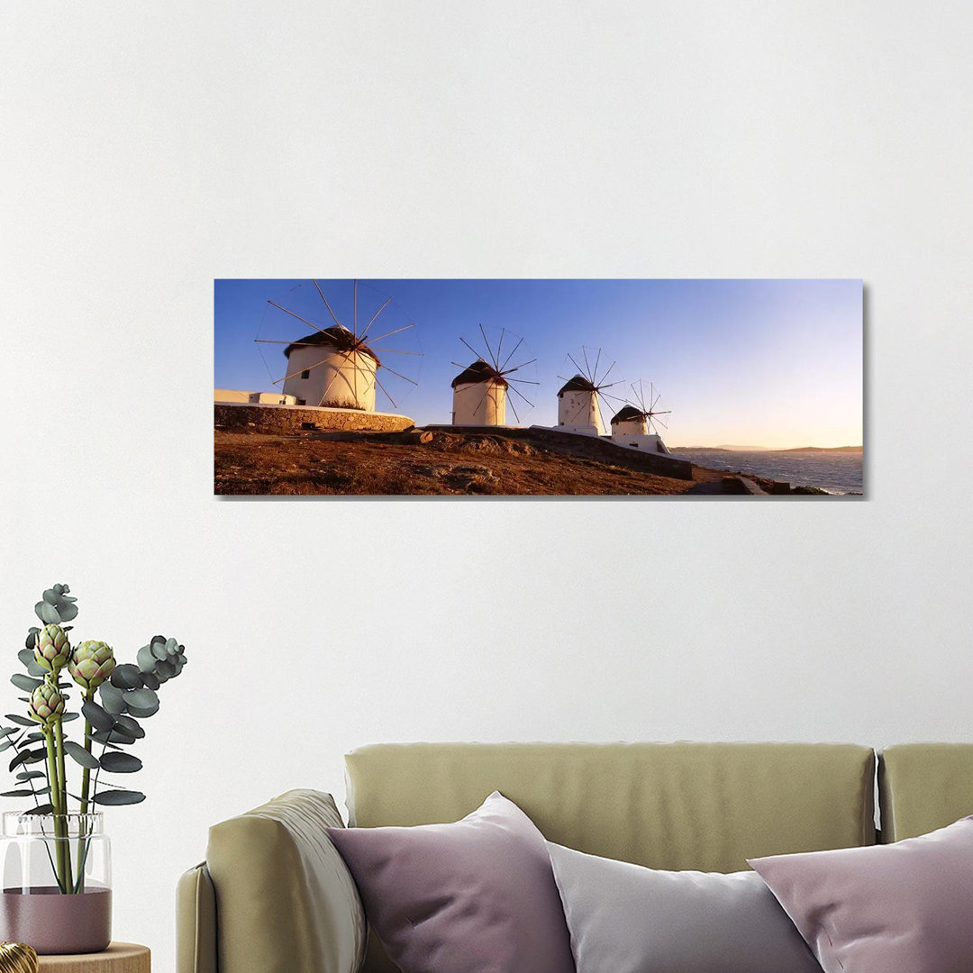 Low Angle View Of Traditional Windmills, Mykonos, Cyclades Islands, Greece - Wrapped Canvas Panoramic Print