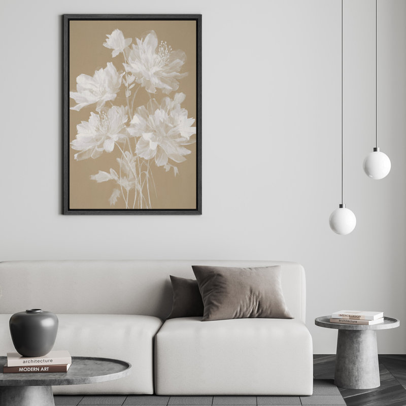 Impression sur toile botanique blanche pivoine blanche - décor floral neutre pour le couloir ou la chambre à coucher, Noir