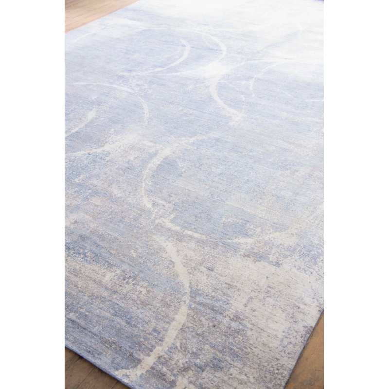 Fine Pure Silk Geometric Hand-Knotted Blue/Gray/Ivory Area Rug, Rectangle 8' x 10'