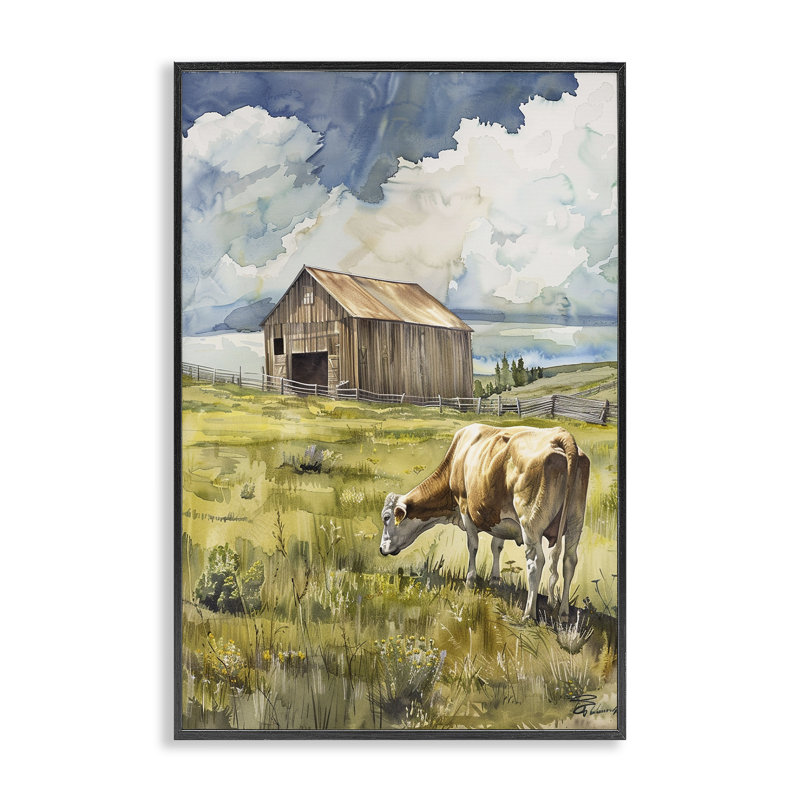 Vache dans un vaste champ, estampe numérique par Franklyn Gregory, H 30 po x l 20 po, Giclée encadrée noir minuit