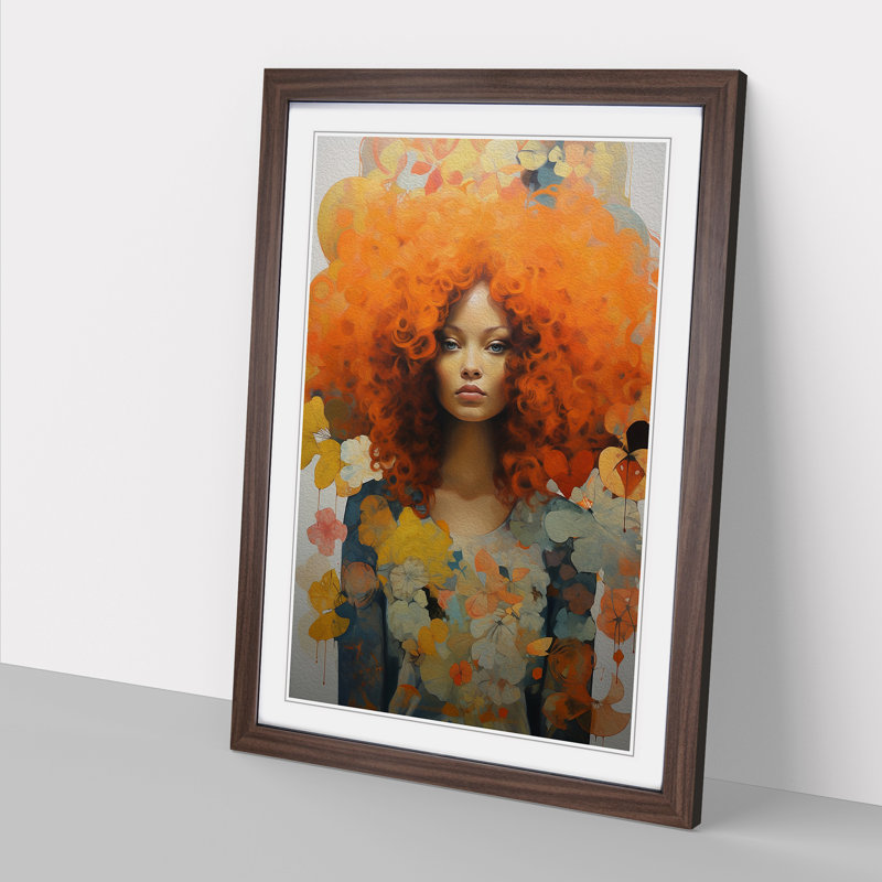 Woman With Curls Contemporary No.2 - Single Picture Frame Print on Wood, 64cm H x 46cm W x 2cm D, Walnut