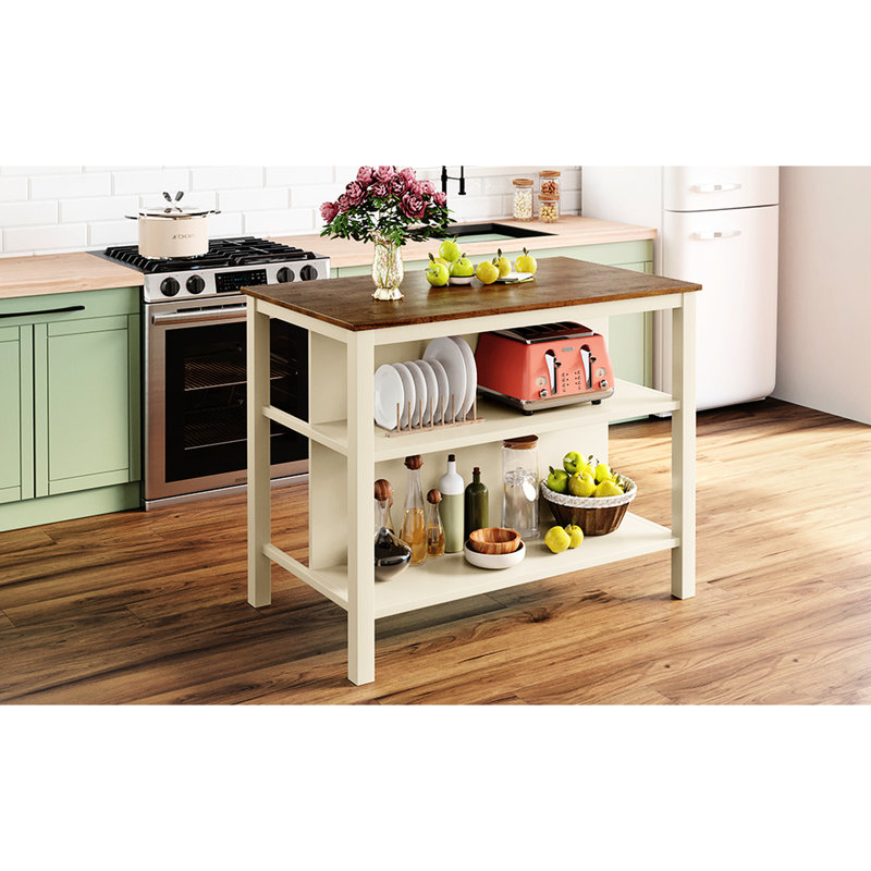 Îlot de cuisine en bois massif 45 po x 27 po - Noyer et blanc crème 2 tablettes ouvertes pour les cuisines rustiques avec charme noyer + crème