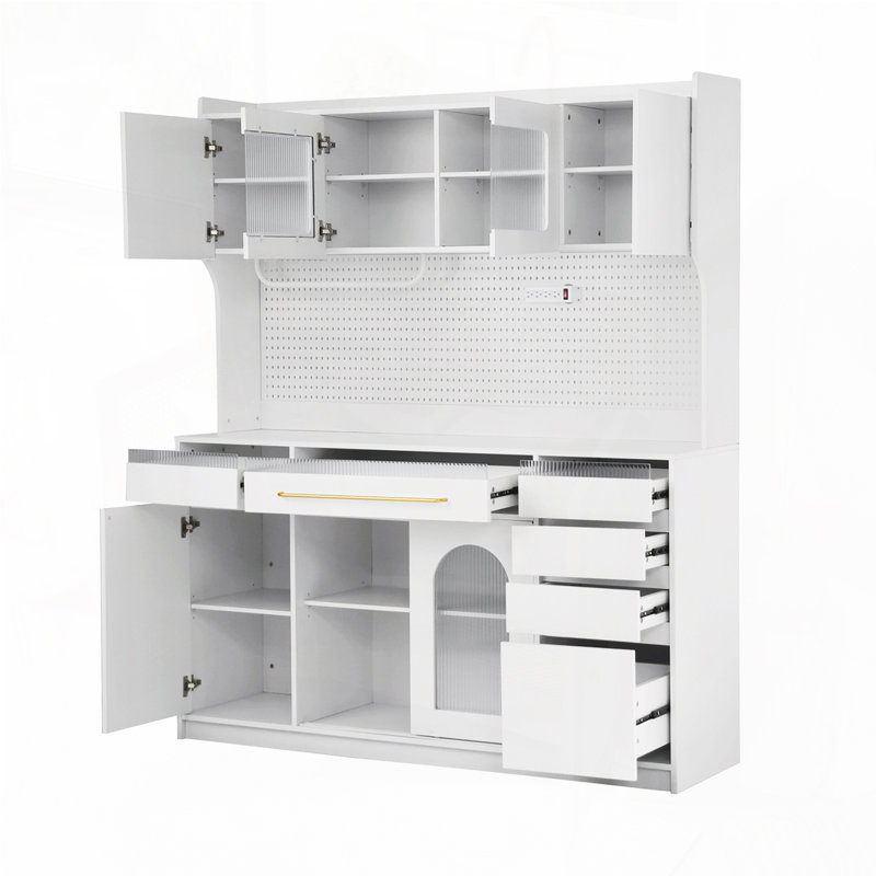 Buffet autoportant de 63 po de largeur avec huche, grande armoire de rangement pour bar à café avec 6 tiroirs, 5 armoires avec tablettes réglables