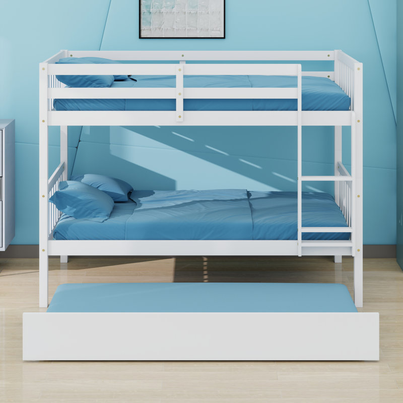 Rubber Wood Bunkbed With Trundle And Ladder,Convertible Into Two Beds, White