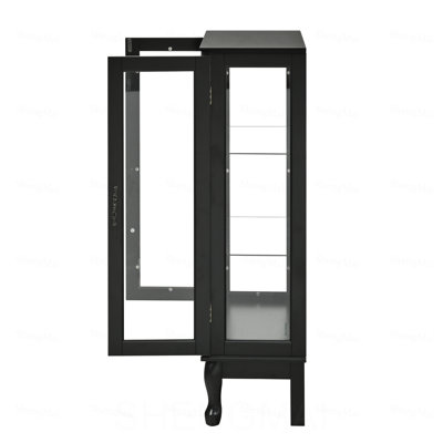 Armoire vitrée avec tablettes réglables et panneau arrière en miroir, portes en verre trempé
