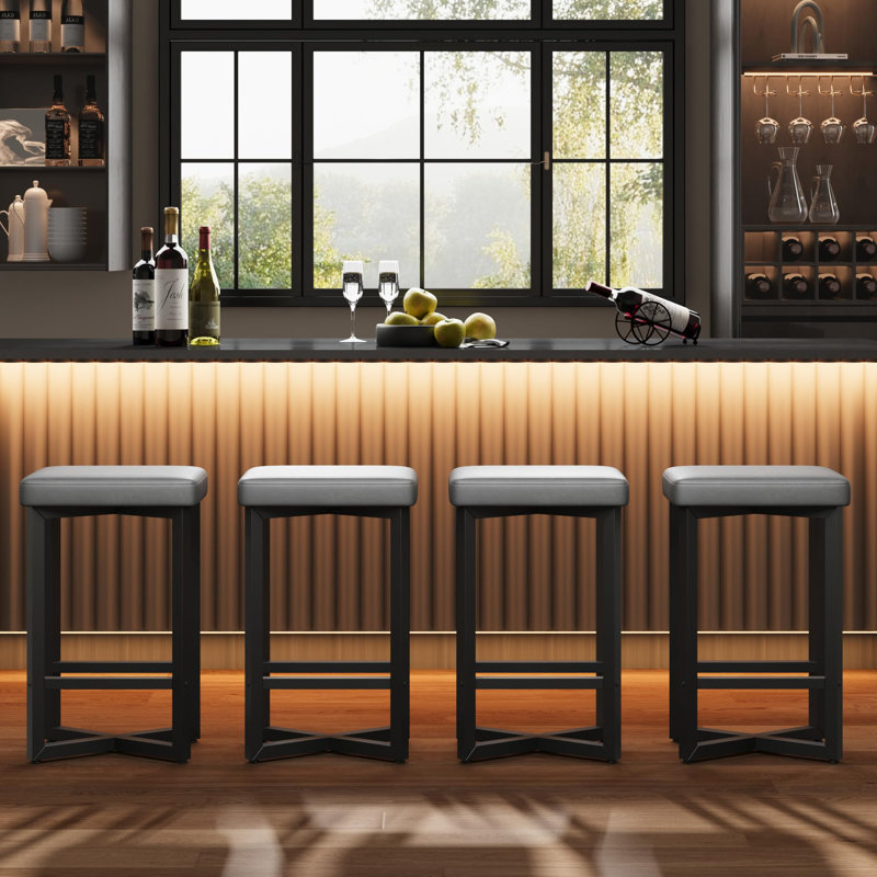 Bar Stools Set of 4, 24.6" Height Counter Height Bar Stools Upholstered with PU Leather & Footrest, Modern Backless Barstools with Metal Frame X-Base for Home Bar Kitchen Island Dining Room, Gray