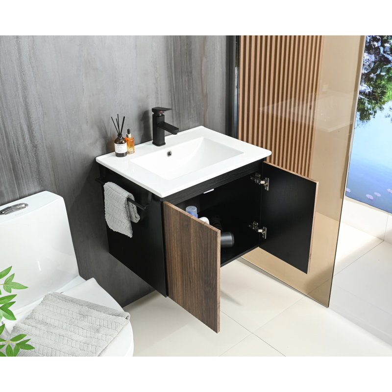 Meuble-lavabo mural de 24 po avec rangement flottant et porte-serviettes noir, base solide, charnières à fermeture en douceur, lavabo en céramique à un trou, design contemporain, grand