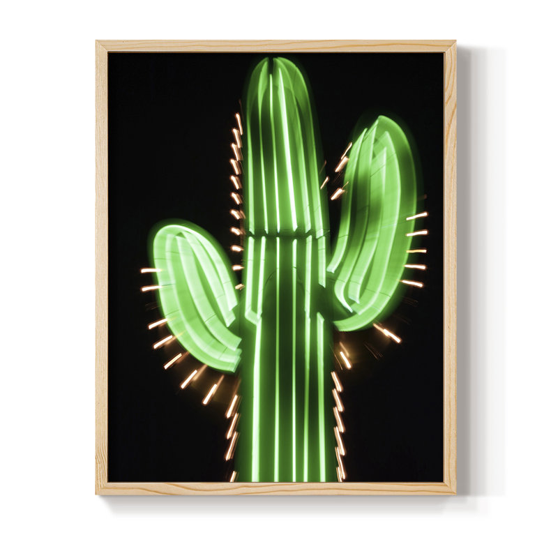 Reproduction encadrée de cactus néon - bois massif, Naturel, H 21 po x l 17 po