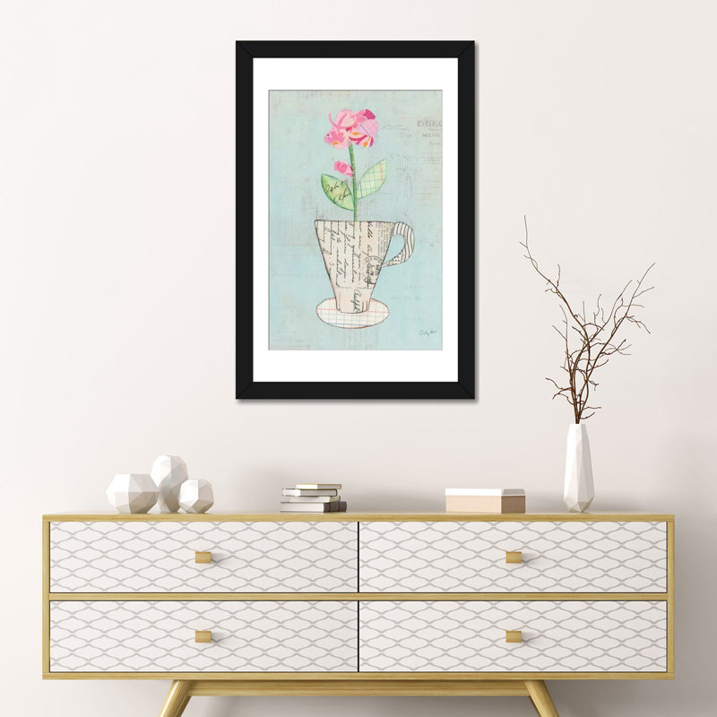 « iii », impression sur toile Teacup Floral, H 32 po x l 24 po x P 1 po, Papier d'art encadré noir, Blanc