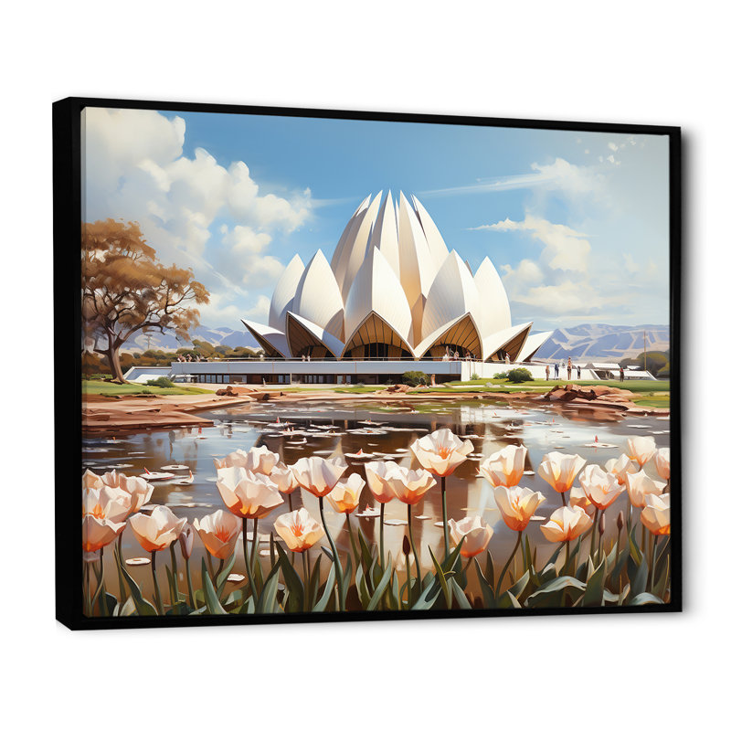 Art indien, Temple du Lotus - Art mural indien, Cadre flottant noir, H 34 po x l 44 po x P 1,5 po