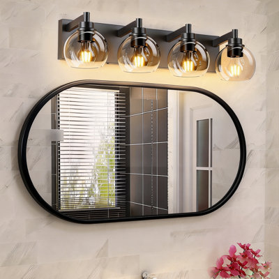Luminaire de salle de bain industriel 4 lumières au-dessus d'un miroir avec abat-jour en verre transparent et base en métal (sans ampoules)