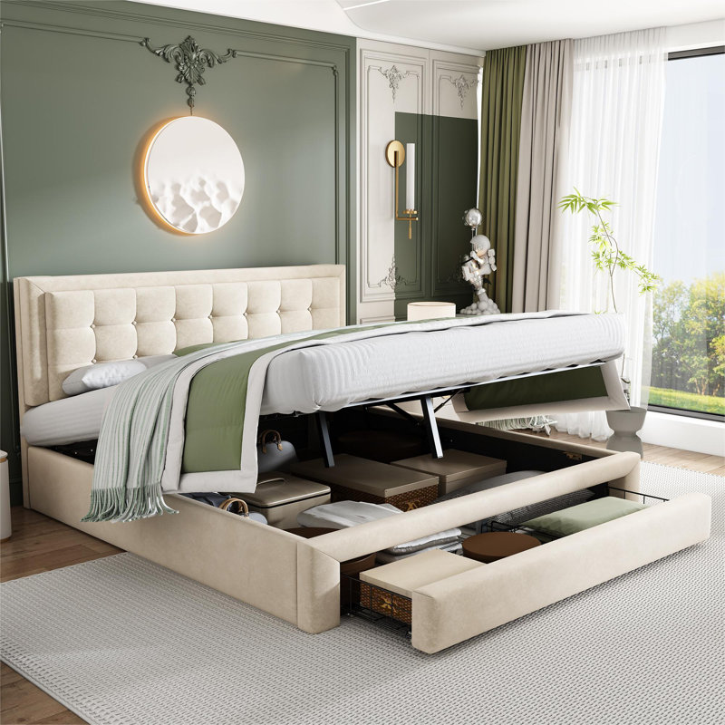Upholstered ottoman bed velvet, Beige, Double (4'6)