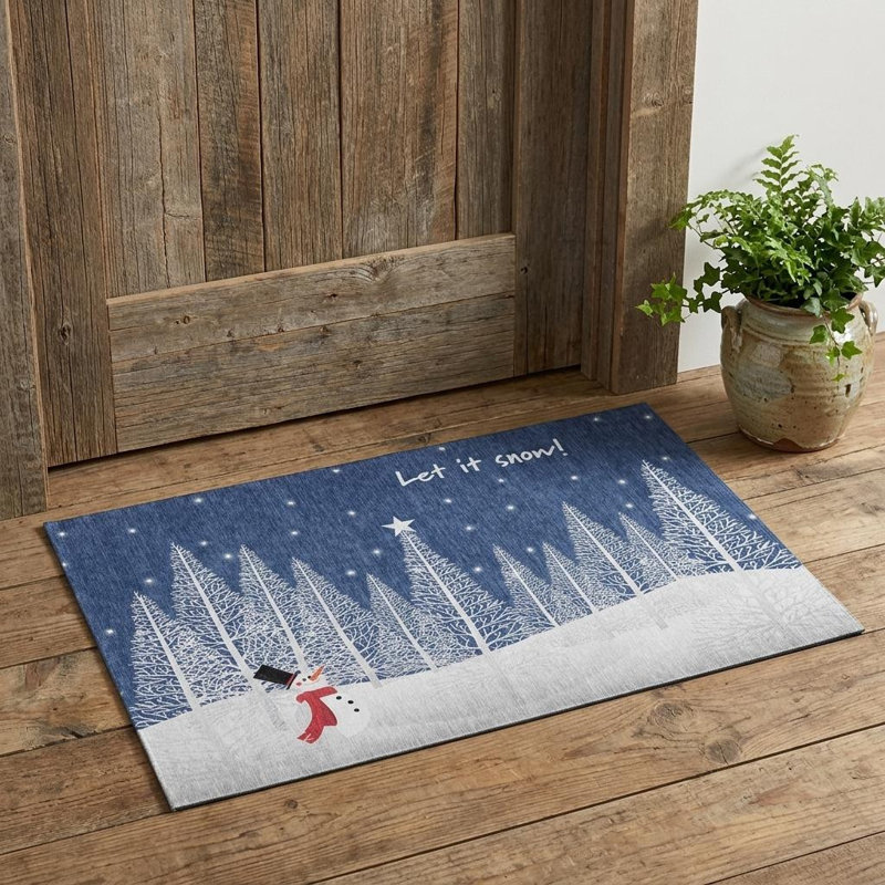 3' X 5' Blue And White Winter Snowman Washable Area Rug With UV Protection