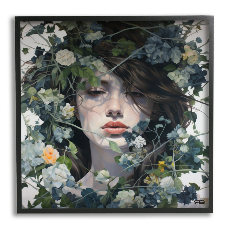 Bb-474-Femme encadrée avec des fleurs vertes, H 17 po x l 17 po x P 1,5 po, Giclée encadrée noir minuit